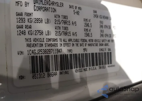 2002 Chrysler Voyager from USA, damaged, VIN 1C4GJ25382B711947